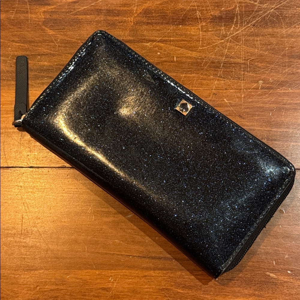 KATE SPADE Blue Glitter Sparkle Women’s Wallet Zipper Around Clutch Pockets Slot